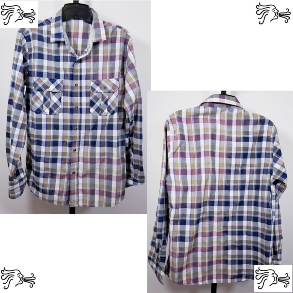 M Dress Shirt Blue Plaid Bleached Unisex